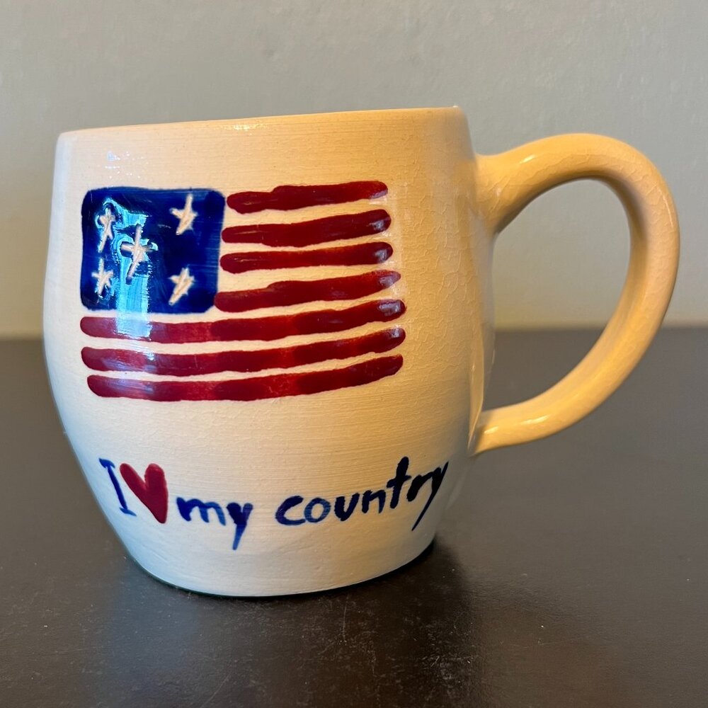 Vintage I Love My Country Embossed Folk Art American Flag Mug Cup USA Patriotic
